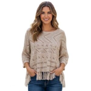 XHILARATION Fringe Hem Pullover Top, Women’s L, Tan White